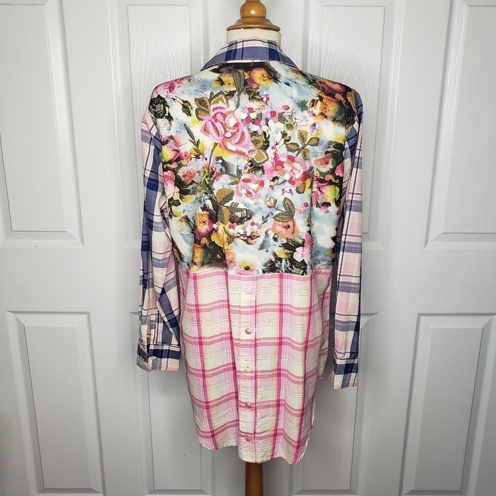 Soft Surroundings Mixed Media Top S Plaid Embroidered Mixed Print Hi Low Boho